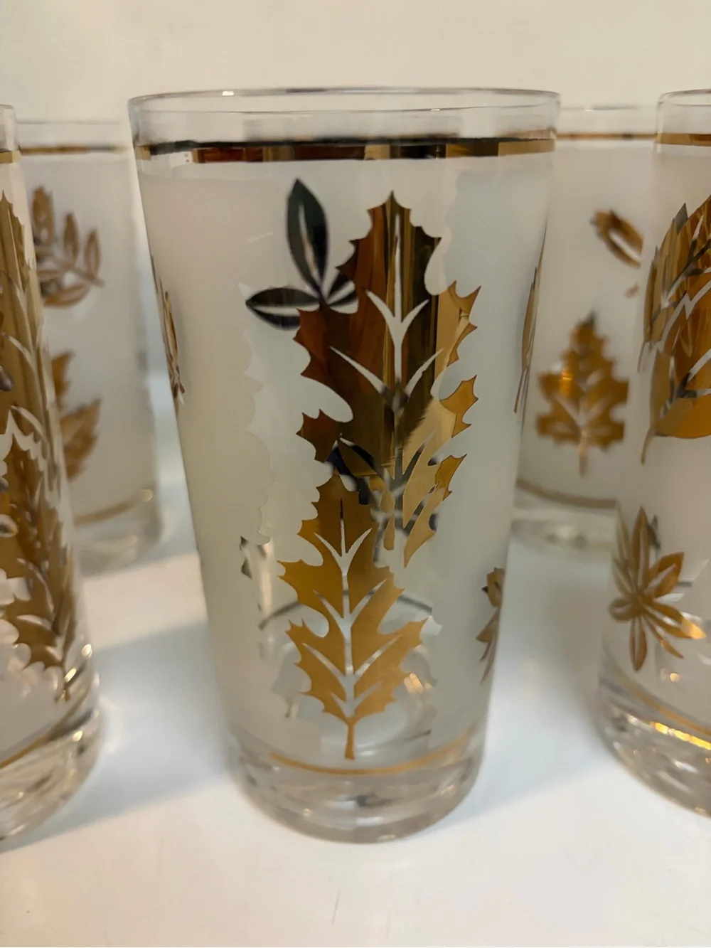 Libbey Golden Foliage Vintage Tumblers Set of 8 Frosted Gold Leaf MCM 1960s
